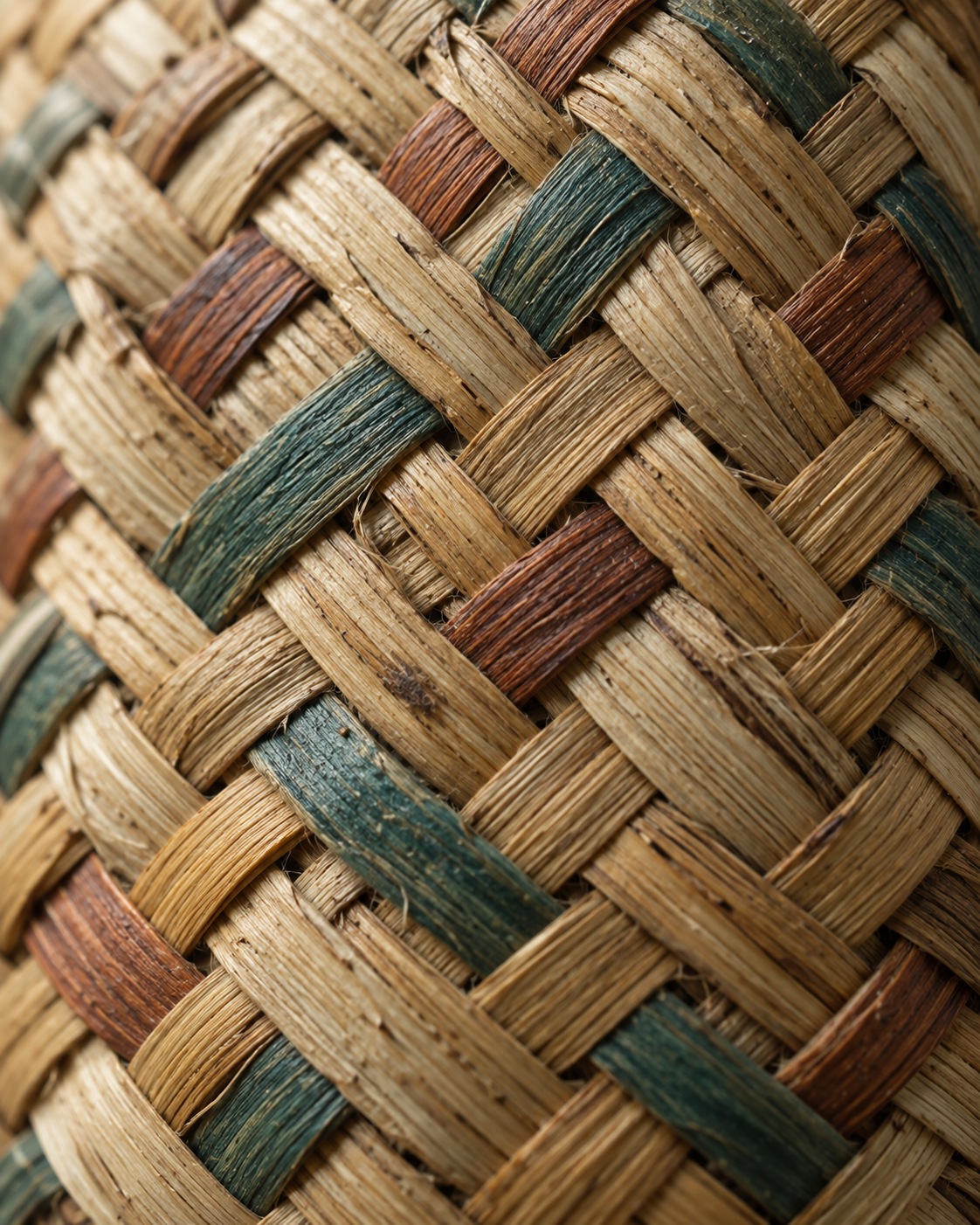Close-up detail of a woven Warao basket in natural fibres with green and terracotta highlights